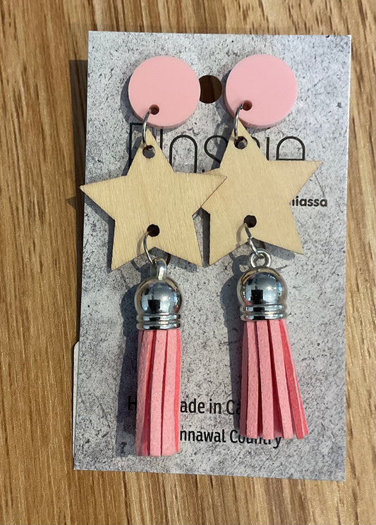 *Earrings Wooden Star and Tassel Dangles Pink