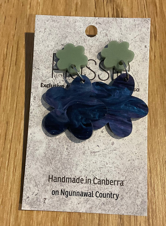 *Earrings Acrylic Blue Marble Flower Dangles