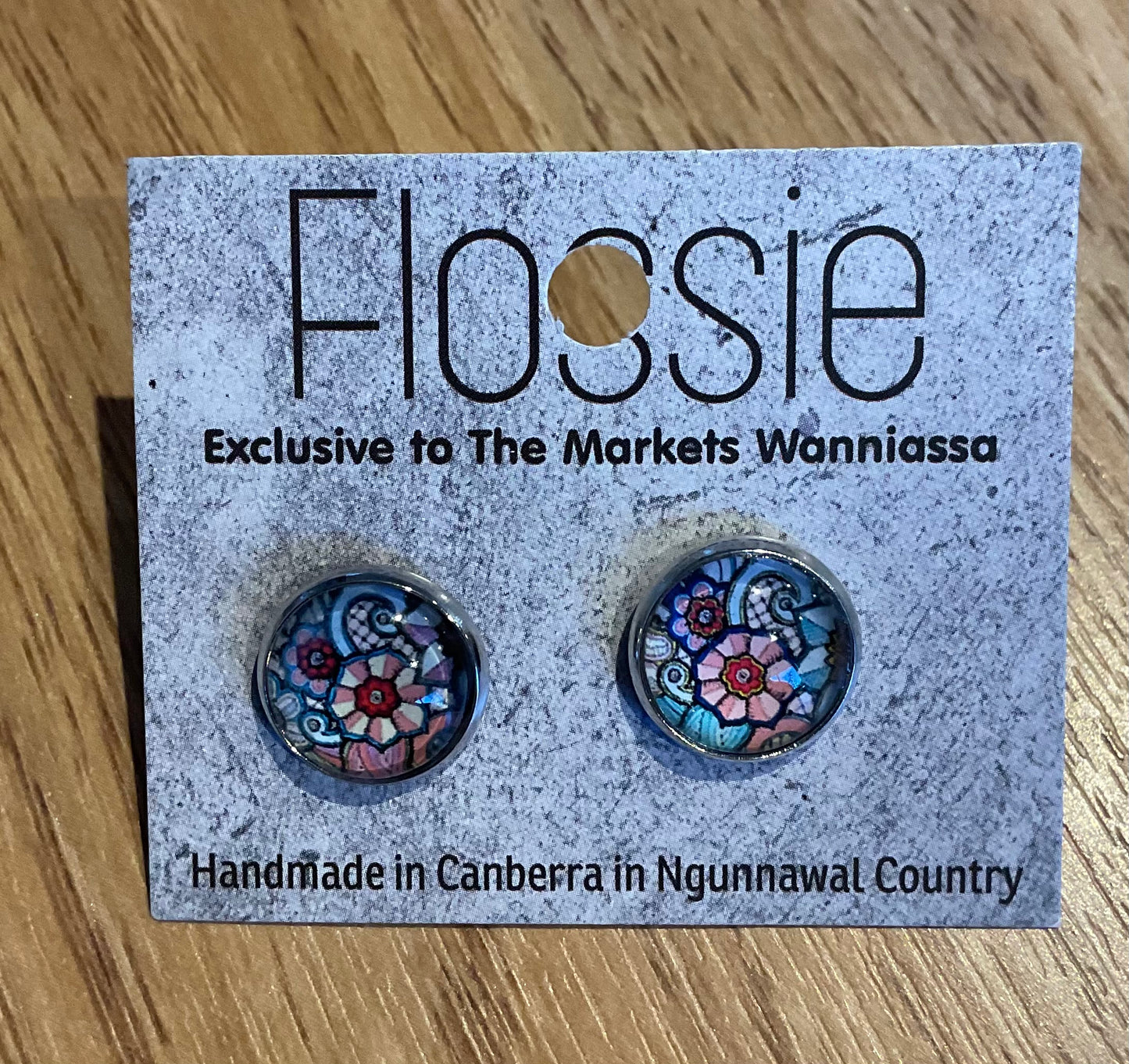 *Earrings Pink Flower Print Glass Dome Studs