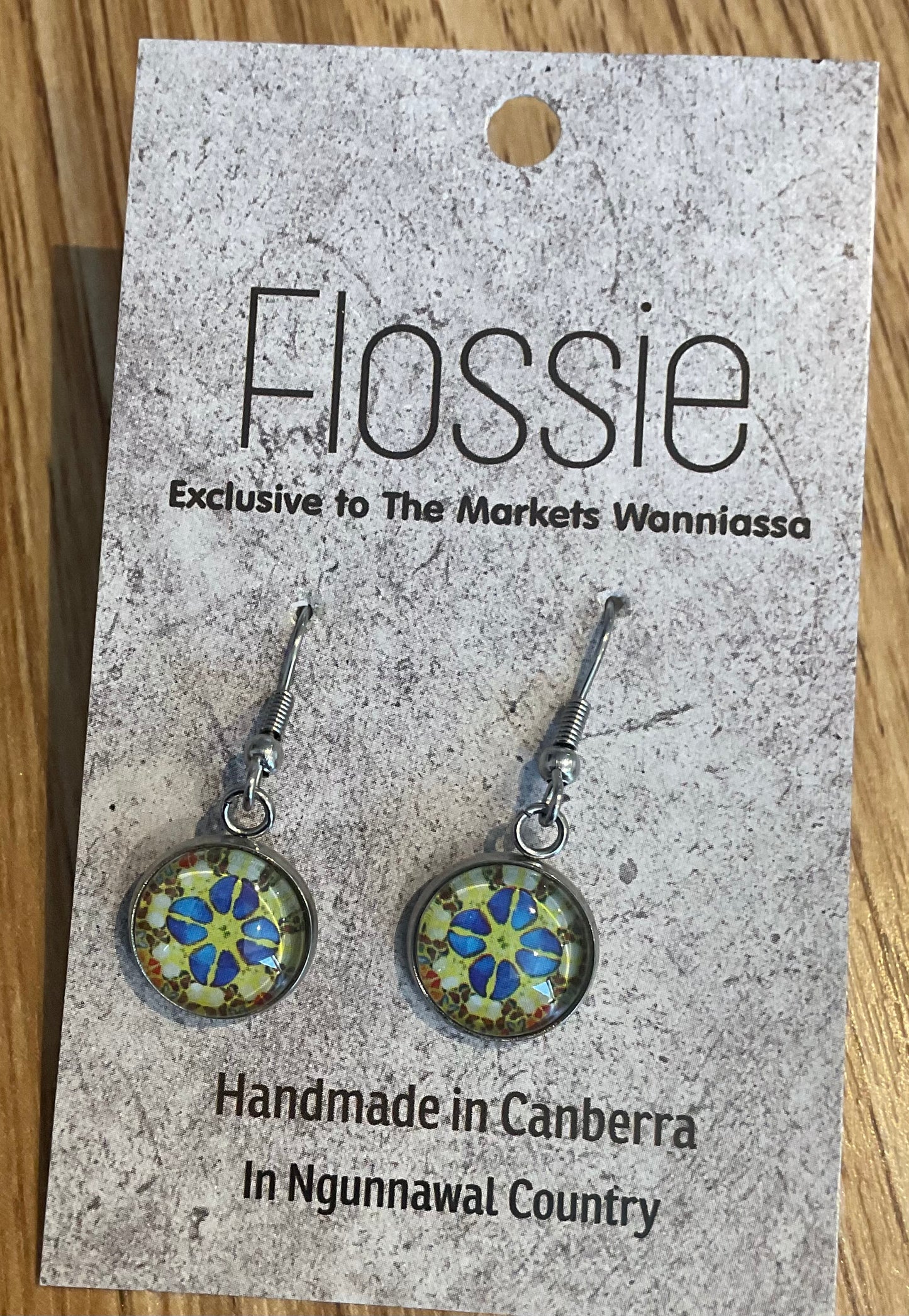 *Earrings Glass Dome Dangles Blue  Mandala