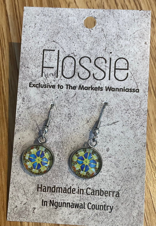 *Earrings Glass Dome Dangles Blue  Mandala