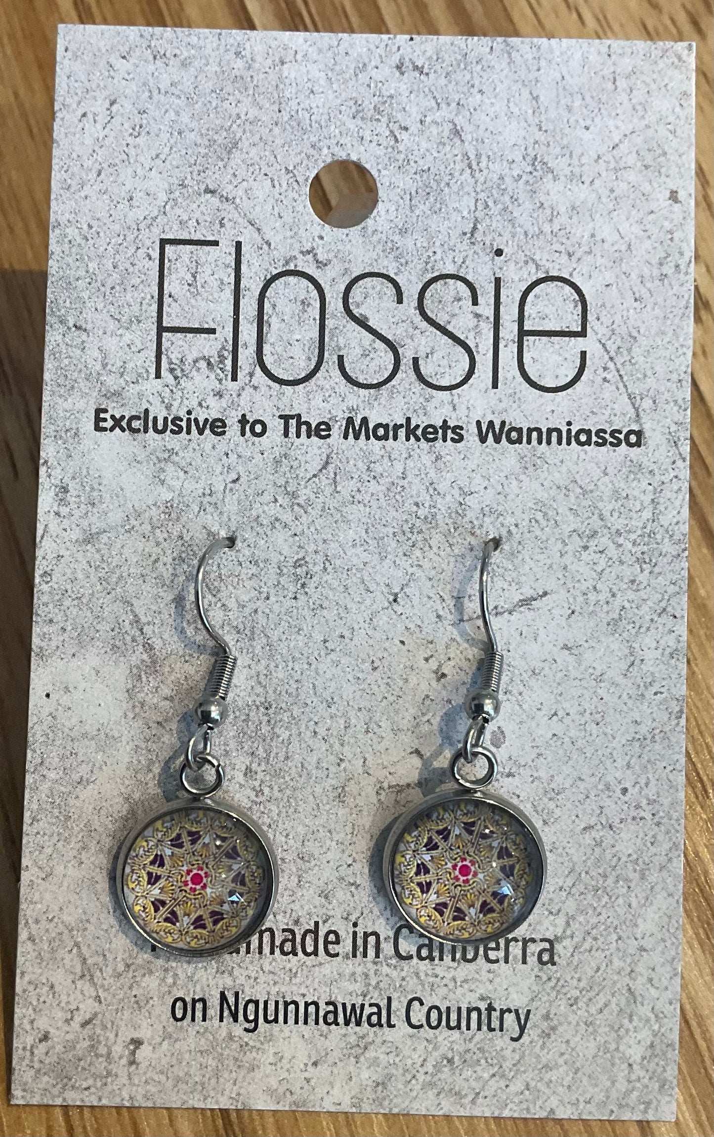 *Earrings Glass Dome Dangles Gold Mandala
