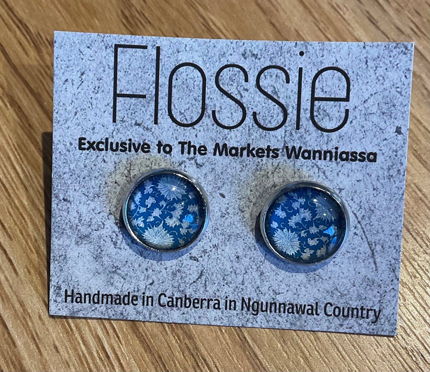 *Earrings Blue White Flower Print Glass Dome Studs