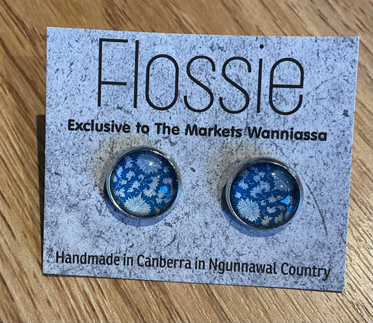*Earrings Blue White Flower Print Glass Dome Studs