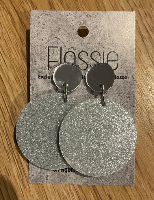 *Earrings 4cm Round Silver Glitter Dangles