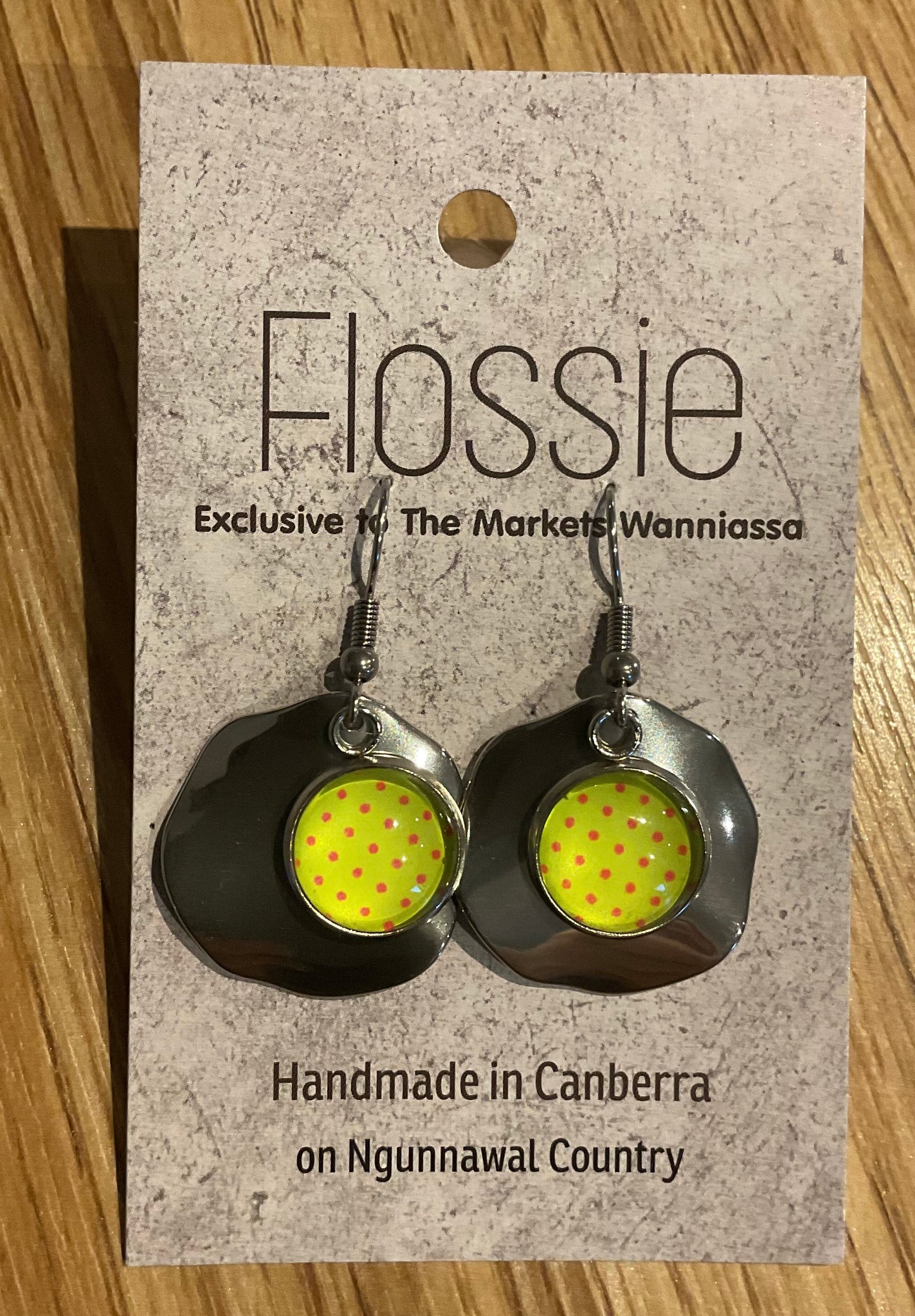 *Earrings Lime Spotted Glass Dome Silver Dangles