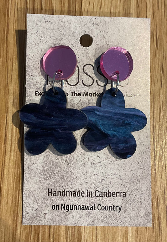 *Earrings Acrylic Blue Marble Flower Dangles