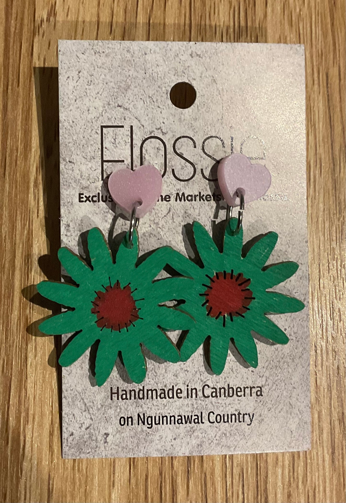 *Earrings Wooden Green Flower Dangles