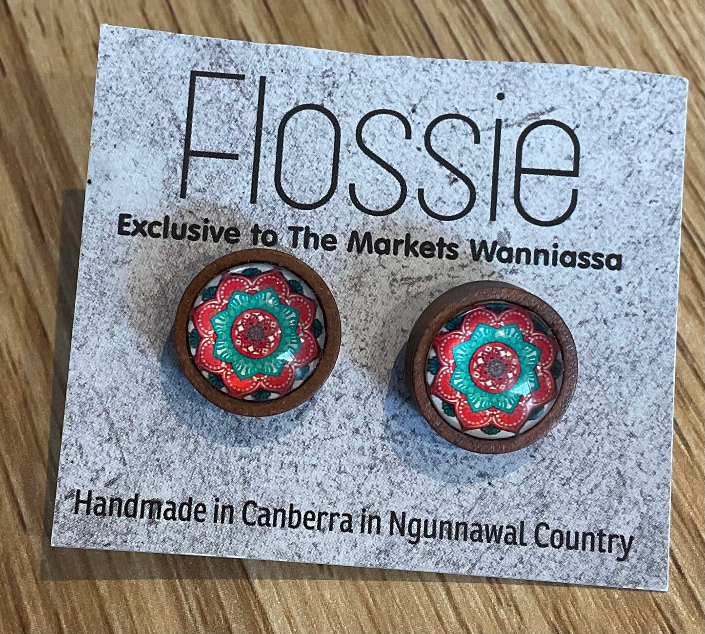 *Earrings Wooden Green Mandala Dome Studs