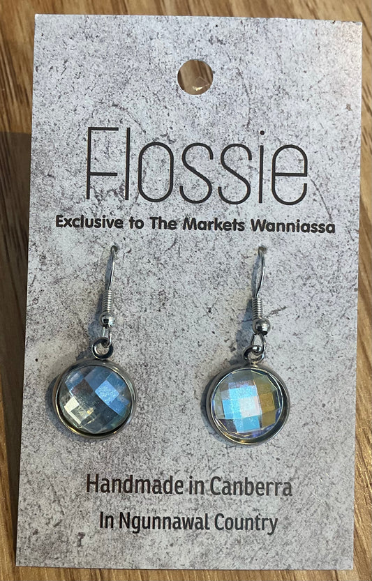 *Earrings Glass Dome Dangles Silver Mirror
