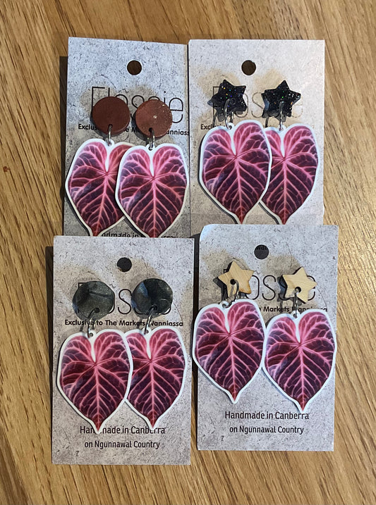 *Earrings Pink Tropical Leaves Dangles