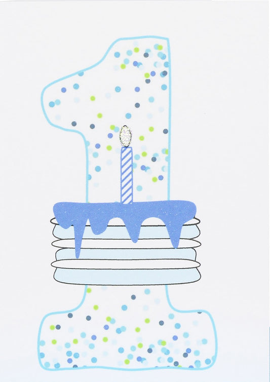 1st Birthday Card Blue Confetti and Cake