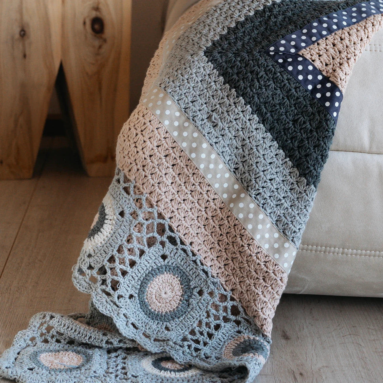 Grey and Cream Crocheted Blanket