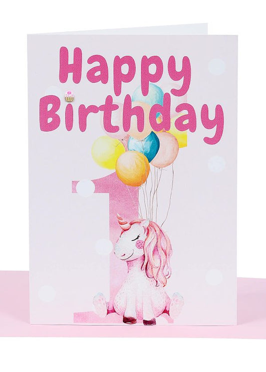 1st Birthday Greeting Card Pink Unicorns & Balloons