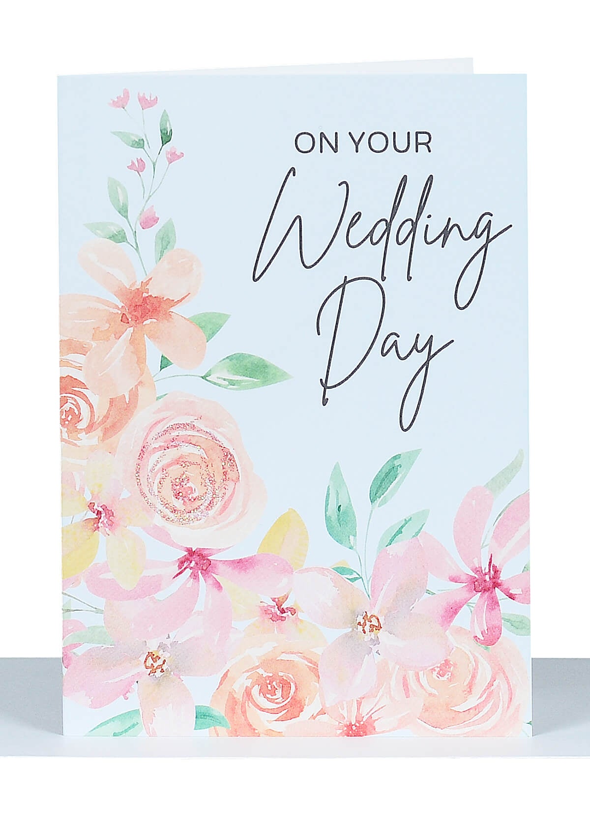 Wedding Day Greeting Card Flowers and Glitter