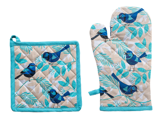 Oven Glove & Pot Holder Set - Blue Wren