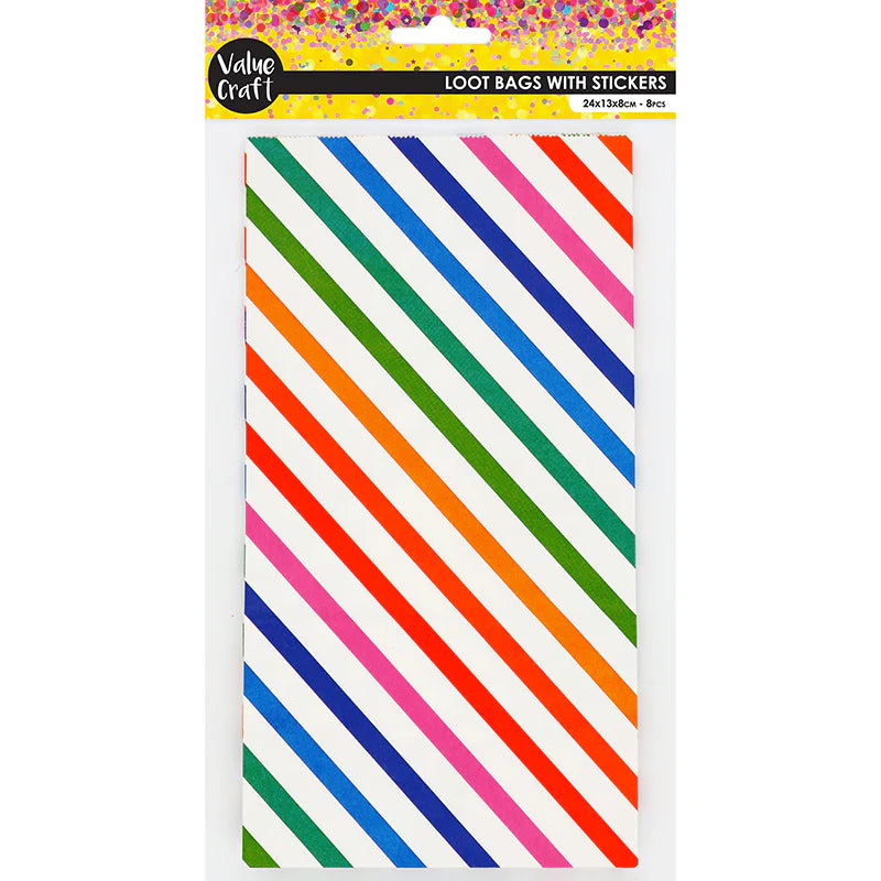 Paper Treat Bags Rainbow Stripes + Stickers - 8pc