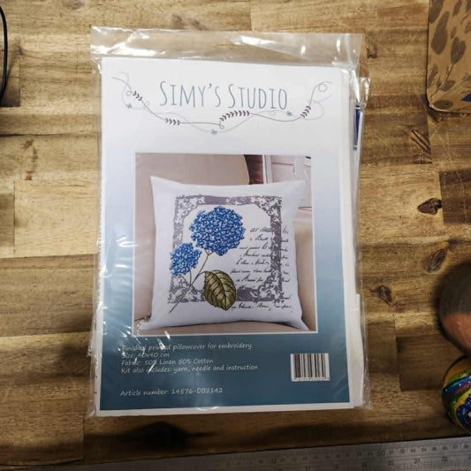 Simy's Studio Embroidery Kit Pre Printed Pillowcase Kit - Blue Flower
